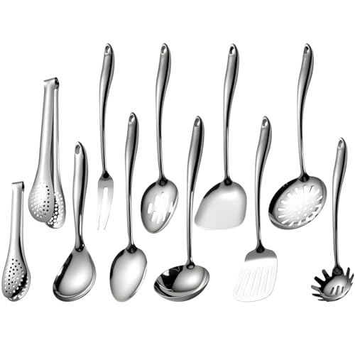 304 Stainless Steel Cooking Utensils Set, 11 PCS Long Large Metal Cooking Utensil Tools Set, Mirror Polished Kitchen Gadget Cookware and Kitchen Tool Set, Dishwasher Safe
