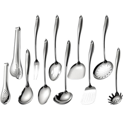 304 Stainless Steel Cooking Utensils Set, 11 PCS Long Large Metal Cooking Utensil Tools Set, Mirror Polished Kitchen Gadget Cookware and Kitchen Tool Set, Dishwasher Safe