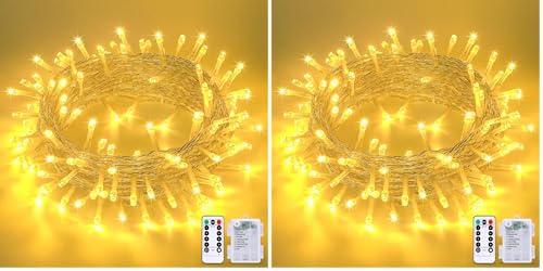 JMEXSUSS 33ft 100 LED Warm White Christmas Lights Outdoor, Battery Power String Lights Waterproof, Twinkle Fairy Mini Lights with 8 Modes Remote Indoor (Pack of 2) - color: Warm White, size: 1*100LED (Pack of 2)
