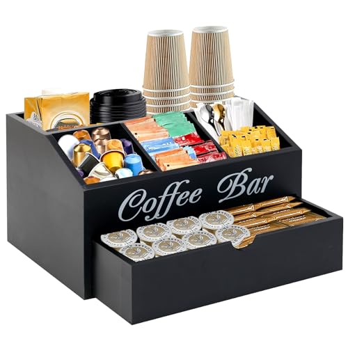 Coffee Bar Organizer for Countertop, 2-Tier Wooden Coffee Station Accessories Holder with Dust-Proof Drawer, 5 Storage Compartments for Syrups, Pods, Tea Bags and Cups, Black - color: Black