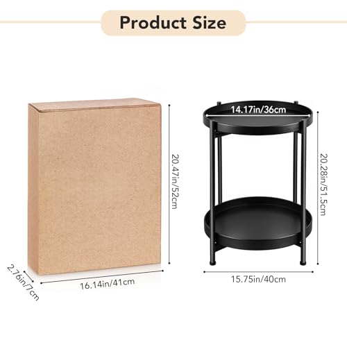 Foldable 2-Tier Round Side Table, Metal End Table with Storage for Indoor Outdoor Use, Small Coffee Table for Living Room, Bedroom, Patio, Black
