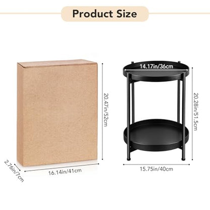 Foldable 2-Tier Round Side Table, Metal End Table with Storage for Indoor Outdoor Use, Small Coffee Table for Living Room, Bedroom, Patio, Black