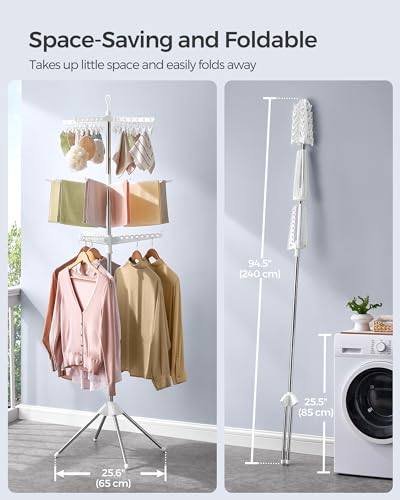 SONGMICS 3-Tier Clothes Drying Rack, 82.7-Inch Folding Laundry Drying Rack with 11 Rotatable Arms for Hangers, 24 Clips, Stainless Steel, for 27 Pieces of Clothes, White and Silver ULLR513W01 - color: White + Silver, style: 3-Tier