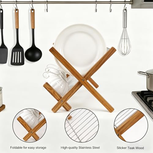 HTB Dish Drying Rack 2 Tier,Collapsible Stainless Steel & Teak Wood Dish Drying Rack,Foldable Dish Drainer for Plates,Cups,Kitchen Counter,Home,Apartment