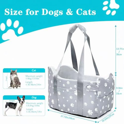 Center Console Dog Car Booster Seat for Small Dogs 0-15 lbs - Grey Pet Travel Carrier Safety Leash, Detachable Seat Belt & Storage Pockets - color: Grey
