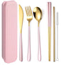 AARAINBOW 6 Pieces 18/8 Stainless Steel Flatware Set Portable Reusable Cutlery Set Travel Utensils Set Including Chopsticks Knife Fork Spoon Straws Cleaning Brush Dishwasher Safe (Pink golden) - color: Pink golden