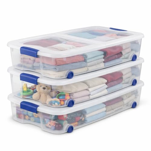 66 Quart Underbed Storage Bin with Wheels & Clear Lid, Under Bed Storage Container for Blankets, 39.5" x 20.25" x 7", Split-Lid Design & Smooth Gliding Wheels