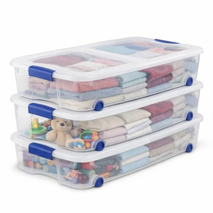 66 Quart Underbed Storage Bin with Wheels & Clear Lid, Under Bed Storage Container for Blankets, 39.5" x 20.25" x 7", Split-Lid Design & Smooth Gliding Wheels