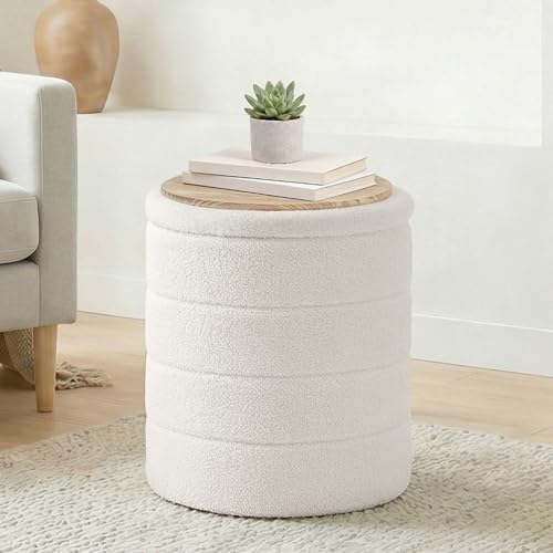 14.5" Round Storage Ottoman,Boucle Sherpa Ottoman with Tray, Faux Teddy Foot Rest Coffee Table for Bedroom Dorm Living Room,White - color: White, size: 14.5"D x 14.5"W x 17.7"H