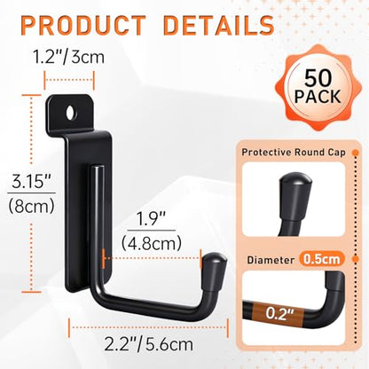 50 Pack J-Shaped Slatwall Hooks, 2 Inch Heavy Duty Slat Wall Hanger, Slatwall Accessories Display Hooks for Garage, Retail Store, Kitchen, Craft Room - size: 2.2 Inch