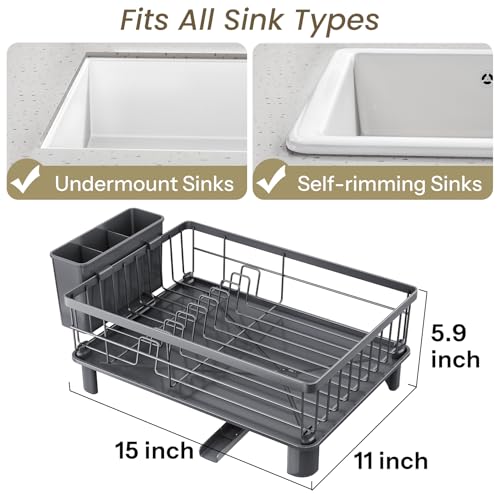 SNTD Dish Drying Rack - Small Dish Rack for Kitchen Counter, Stainless Steel Dish Drainer with Utensil Holder and Drainboard, 11" W x 15" L (Grey) - color: Gray, size: 11" W x 15" L