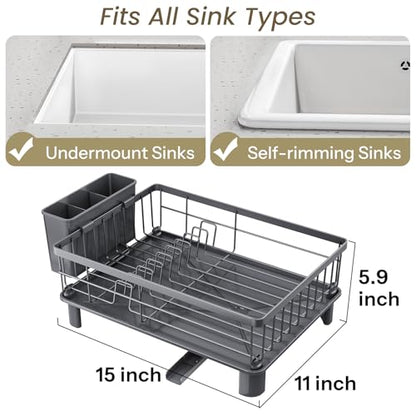 SNTD Dish Drying Rack - Small Dish Rack for Kitchen Counter, Stainless Steel Dish Drainer with Utensil Holder and Drainboard, 11" W x 15" L (Grey) - color: Gray, size: 11" W x 15" L