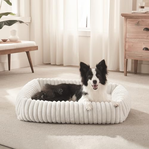FURTIME Dog Bed Medium Size Dog, Washable Orthopedic Pet Bed with Removable Cover, Rectangle Soft Calming Sleeping Puppy Bed Durable Pet Cuddler with Anti-Slip Bottom, Cream, M Plus (30"x24"x8") - color: Cream, size: M Plus (30"x24"x8")