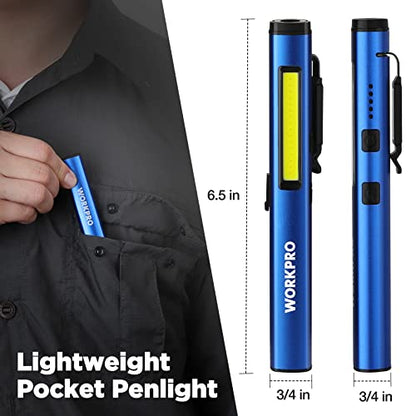 WORKPRO Rechargeable Flashlight, LED Pen Light with 365 nm UV Black Light, 450 Lumen Pocket Penlight, Magnetic Clip, for Hurricane Deluge Flood Emergency - color: Blue