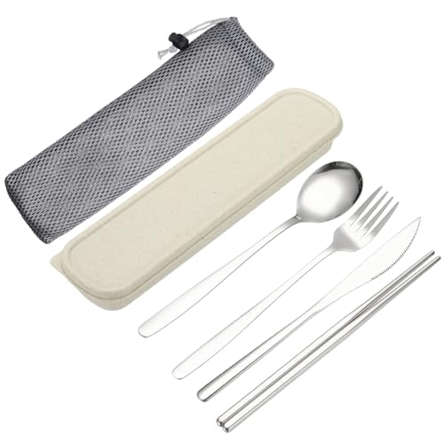 uxcell 4 Pcs Travel Utensils with Case, Stainless Steel Portable Silverware Travel Cutlery Set Include Knife Fork Spoon Chopsticks for Camping Picnic Work Lunch, Silver - color: Silver