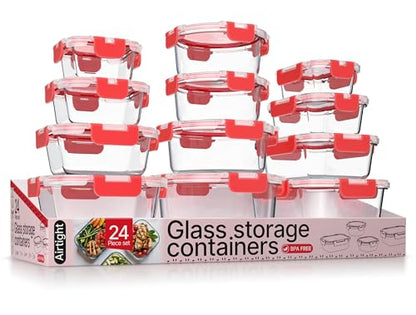 Bakken Borosilicate Glass Food Storage Containers with Lids 24 Pieces, BPA-Free Stackable Lunch & Leftover Containers, Microwave, Freezer & Dishwasher Safe, 100% Airtight Leak-Proof, Red - color: Red