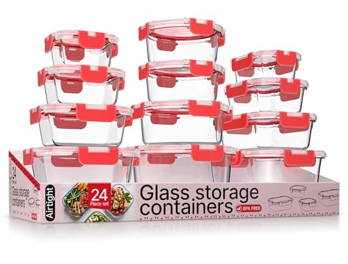 Bakken Borosilicate Glass Food Storage Containers with Lids 24 Pieces, BPA-Free Stackable Lunch & Leftover Containers, Microwave, Freezer & Dishwasher Safe, 100% Airtight Leak-Proof, Red - color: Red