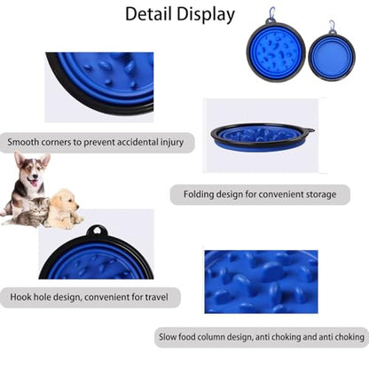 Pet Blue Collapsible Bowl Double Set - Slow Feeder Anti-Choke Bowl + Outdoor Portable,Foldable Dog Drinking,Slow Speed,Food&Dog pet Folding,Convenient,Foldable （Blue）