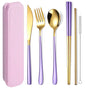 AARAINBOW 6 Pieces 18/8 Stainless Steel Flatware Set Portable Reusable Cutlery Set Travel Utensils Set Including Chopsticks Knife Fork Spoon Straws Cleaning Brush Dishwasher Safe (Purple golden) - color: Purple golden