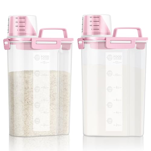 LEAWALK Airtight Rice Storage Container, Cereal Dry Food Flour and Sugar Bin, Dog Cat Food Dispenser with Measuring Cup, BPA Free Clear Plastic Kitchen (Pink x 2, 3L-2pack) - color: Pink x 2, size: 3L-2pack