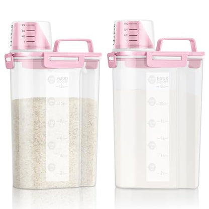 LEAWALK Airtight Rice Storage Container, Cereal Dry Food Flour and Sugar Bin, Dog Cat Food Dispenser with Measuring Cup, BPA Free Clear Plastic Kitchen (Pink x 2, 3L-2pack) - color: Pink x 2, size: 3L-2pack