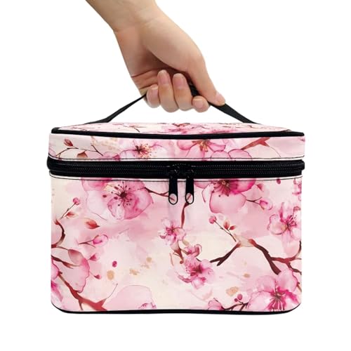 Makeup Brush Bag Cherry Blossom Pink Printed Large Capacity Travel Cosmetic Bag Toiletries Accessories with Handle and Divider Portable Brush Holder Bags - color: Cherry Blossom Pink