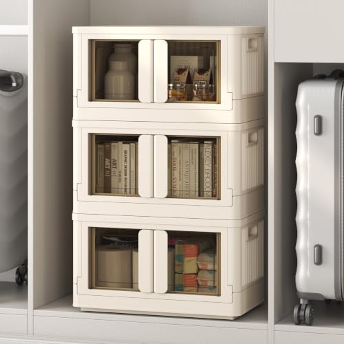 FLEXIMOUNTS 110 QT Stackable Storage Bins With Lids, Collapsible Plastic Storage Bins With Doors and Built-in Wheels For Home Dorm Organizers and Storage, 3 Pack Cubes, Milky White - color: Milky White, size: 37 Qt-3 Pack