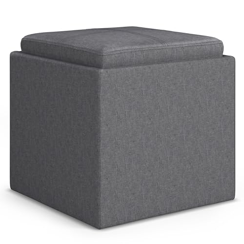 SIMPLIHOME Rockwood Cube Storage Ottoman with Tray - 17" Wide x 17" High Upholstered Linen Look Fabric Square Storage Ottoman in Slate Grey, Contemporary Cube Ottoman for Living Room with Serving Tray - color: Slate Grey