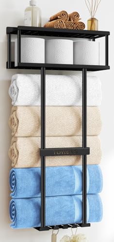 STWWO Bathroom Towel Storage Rack, Metal Towel Racks Wall Mounted Can Holds 5 Large Towels, 30.5IN Bathroom Towel Holder with Shelf & Storage Basket, Towel Organizer with 3 Hooks for RV, Apt, Black