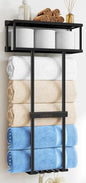 STWWO Bathroom Towel Storage Rack, Metal Towel Racks Wall Mounted Can Holds 5 Large Towels, 30.5IN Bathroom Towel Holder with Shelf & Storage Basket, Towel Organizer with 3 Hooks for RV, Apt, Black