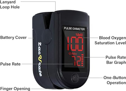 Zacurate 500 Series Fingertip Pulse Oximeter Blood Oxygen Saturation Monitor with Silicon Cover, Batteries and Lanyard, Royal Black - color: Royal Black