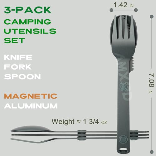 Magnetic Camping Utensils Set, Knife, Fork & Spoon Cutlery Set, Portable & Reusable Metal Aluminum Travel Flatware, 3-PACK, Gray - color: Gray