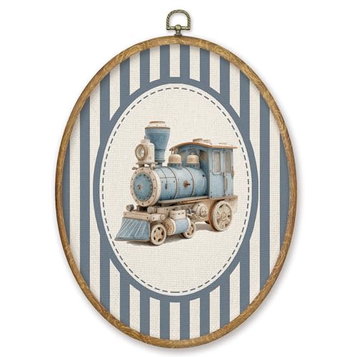 CGBHW Train Boy Nursery Oval Wall Art Decor Products, Kids Room Canvas Prints Framed, Blue Striped Train Locomotive Vehicle Wall Art Hanging Decor for Home Kids Boy Nursery Room Bedroom Playroom, 8.6x11.4 Inch - color: Colour24