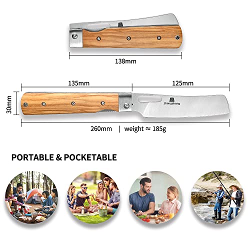 ZhengSheng Folding Chef Knife 4.8” Ultra Sharp 440A Stainless Steel Blade Natural Olive Handle Pocket Foldable Japanese Style Kitchen Knife for Outdoor Camping BBQ trip Cooking - color: #1 Natural Olive Handle