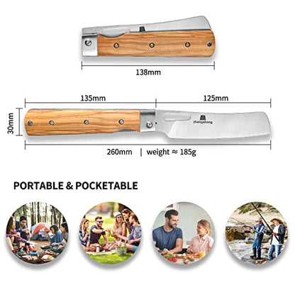 ZhengSheng Folding Chef Knife 4.8” Ultra Sharp 440A Stainless Steel Blade Natural Olive Handle Pocket Foldable Japanese Style Kitchen Knife for Outdoor Camping BBQ trip Cooking - color: #1 Natural Olive Handle