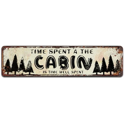 Time Spent a the Cabin is Time Well Spent - Cabin Time Well Spent Wall Decor, Fishing Decor, Fishing Decorations, Lake House Décor, Fun Tin Signs 4x16 Inch - color: V-140
