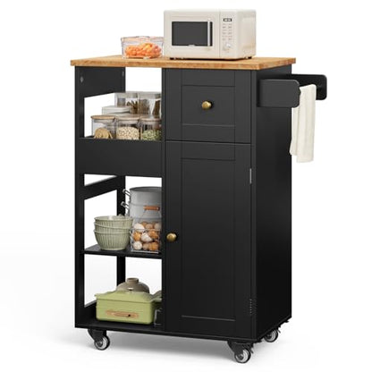 Gizoon Kitchen Island Cart on Wheels, with Thickened Wooden Countertop, Rolling Serving Utility Cart with Drawers and Doors, Bar Cart with Adjustable Shelf and Removable Tray for Dining Room, Black - color: Black & Tabletop-oak Color