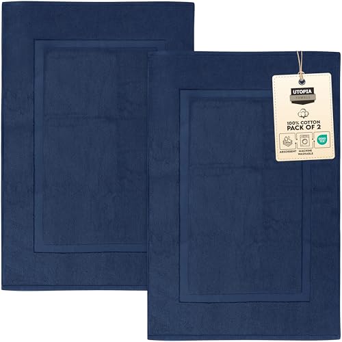 Utopia Towels Cotton Banded Rug, Bath Mats, Not a Bathroom Rug, 21 by 34 Inches, 100% Ring Spun Cotton, Highly Absorbent Shower Bathroom Floor Mat, Navy, 2 Pack - color: Navy