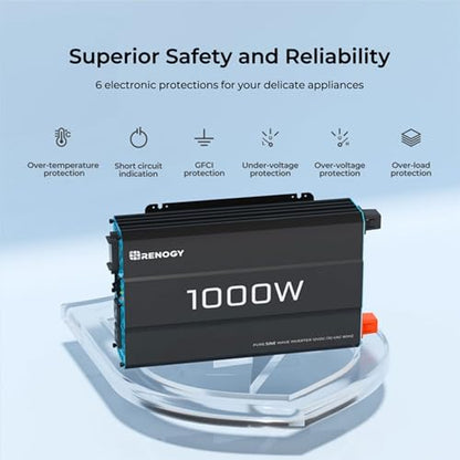 Renogy 1000W Pure Sine Wave Inverter 12V DC to 120V AC Converter for Home, RV, Truck, Off-Grid Solar Power 110V with Built-in 5V/2.1A USB Port, Hardwire Remote Controller - size: 1000W(No BT & ATS)