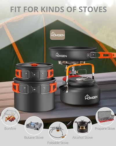 HOMGEN Portable Ultralight Anodized Aluminum Camping Cookware Set - Nesting Camping Pot and Pan-800ml Insulated Teapot-Carrying Bag-for Camping Hiking Picnic RV Trip - size: For 4 People
