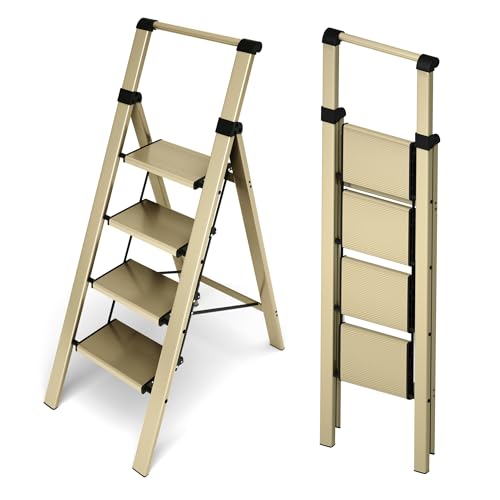 HillhutApex 4 Step Foldable Aluminum Step Ladder with Handgrip, Anti-Slip Pedal, 330 lbs Capacity, Lightweight & Portable for Home, Kitchen, Office, Garage (Gold) - color: Gold, size: 4 Step With Handrail