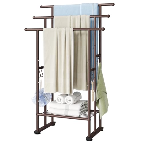 ELYKEN 3 Tier Standing Towel Rack, 40'' Tall Towel Drying Rack Outdoor, Freestanding Floor Towel Rack with Shelf, Pool Towel Blanket Stand, Metal Towel Racks for Bathroom freestanding, Bronze - color: Bronze