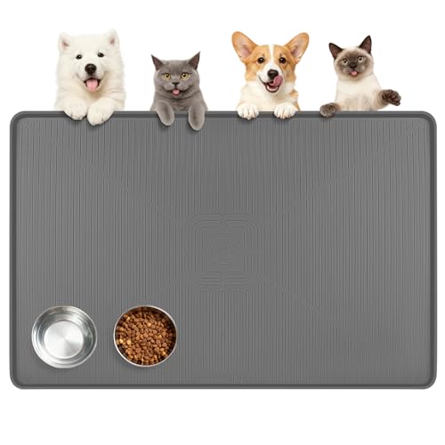 Lorvain 45" x 30" Cat Food Mat, Extra Large Silicone Pet Feeding Mat with Raised Edges, Pet Placemat for Cat Dog Food and Water Bowl Waterproof, Non-Slip, Easy to Clean, Floor Protection, Dark Grey - color: Dark Grey: 45" x 30"