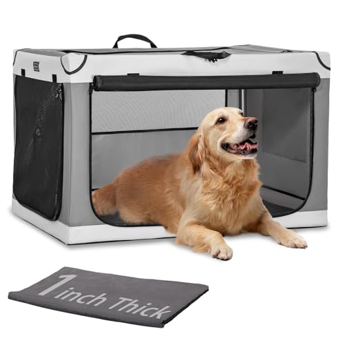 PETSFIT Portable Dog Crate for Medium Large Dogs, – 36" Soft Dog Travel Crates with Lockable Zippers & Thicken Mat, Adjustable Patented Spiral Steel Frame, Collapsible Kennel for Indoor & Outdoor - color: Light Gray(With Mat), size: 36.0"L x 24.0"W x 23.0