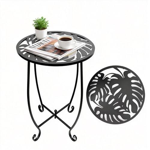 Outdoor Side Table 15 Inch Tall, Tool-Free Metal Patio End Table with Monstera Design, Space Saving Round Stand for Porch Balcony Garden (Monstera) - color: Monstera