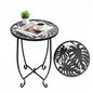 Outdoor Side Table 15 Inch Tall, Tool-Free Metal Patio End Table with Monstera Design, Space Saving Round Stand for Porch Balcony Garden (Monstera) - color: Monstera