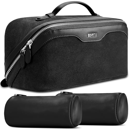 BOYATU Genuine Leather Travel Makeup Bag: Large Capacity 3 Pcs Set Cosmetic Bags for Women - Designer Waterproof Hand-made for Toiletry Organizer - Travel Essentials for Elegance (07Suede-Black) - color: 07Suede-Black