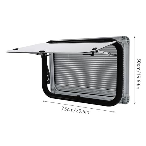 RV Push Out Window with Screen and Privacy Shade, 75x50cm, Black Aluminum Alloy Frame, Tempered Glass, 65° Opening Angle for Camper Van Trailer Motorhome