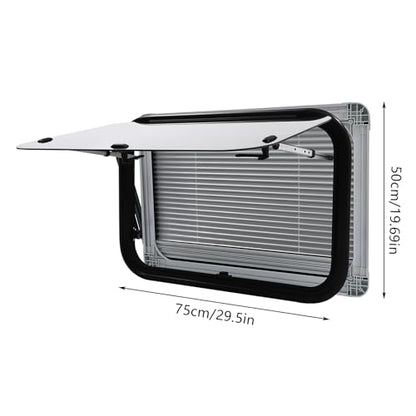 RV Push Out Window with Screen and Privacy Shade, 75x50cm, Black Aluminum Alloy Frame, Tempered Glass, 65° Opening Angle for Camper Van Trailer Motorhome