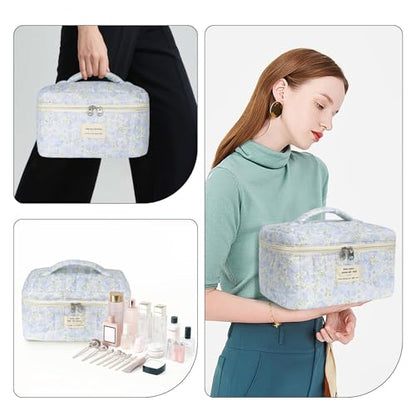 Gosect 1pc Large Makeup Bag, Cute Cosmetic Bag for Women Girls, Floral Coquette Aesthetic Toiletry Bag, Travel Make Up Organizer Bag (Green Leaves Blue Flowers) - color: 027Green Leaves Blue Flowers